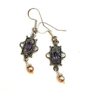 Sterling Silver 925 Amethyst & Pink Pearl Dangle Earrings Artisan